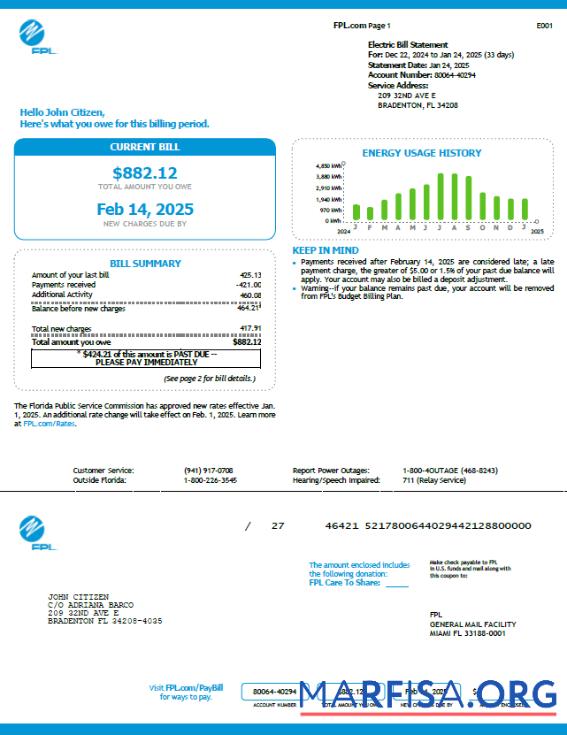 Downloadable USA FPL utility bill template in Word and PDF formats, version 5
